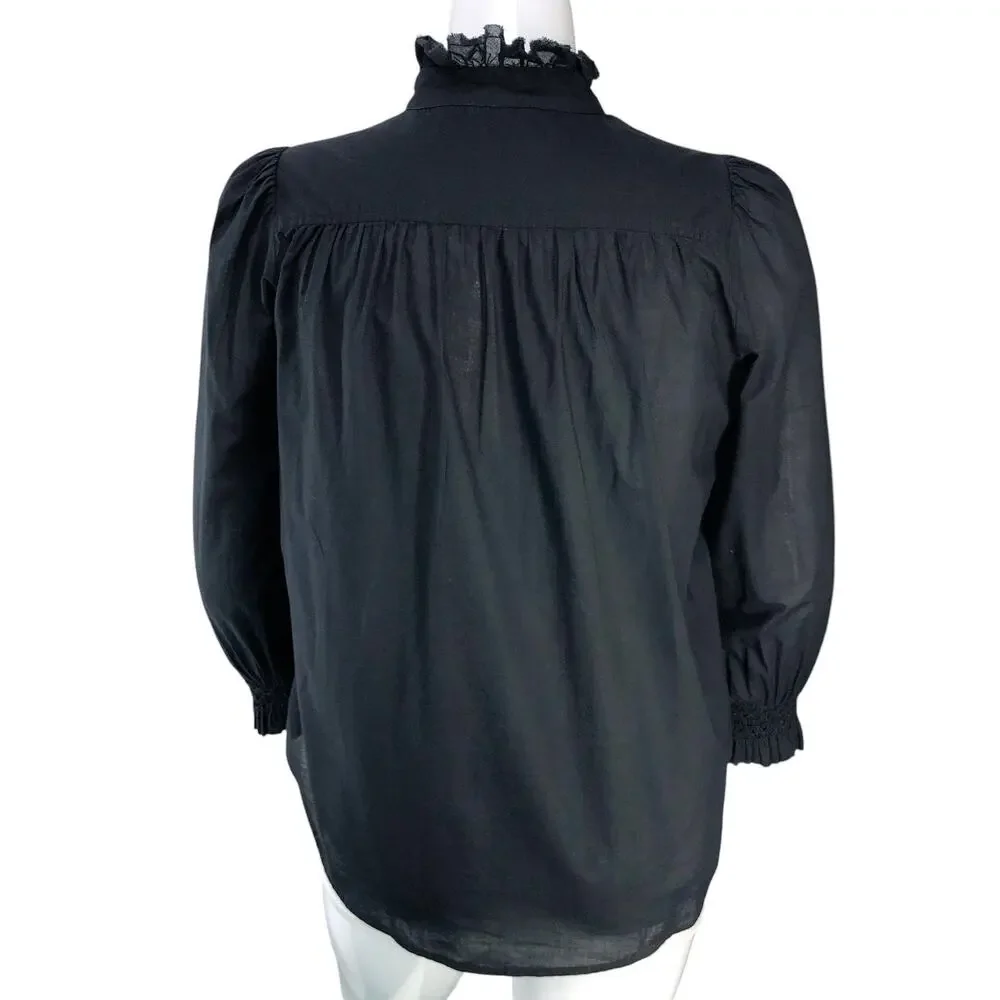 Tuckernuck Blouse Womens L Ruffle High Neck Puff Sleeve Smocked Cuff Black